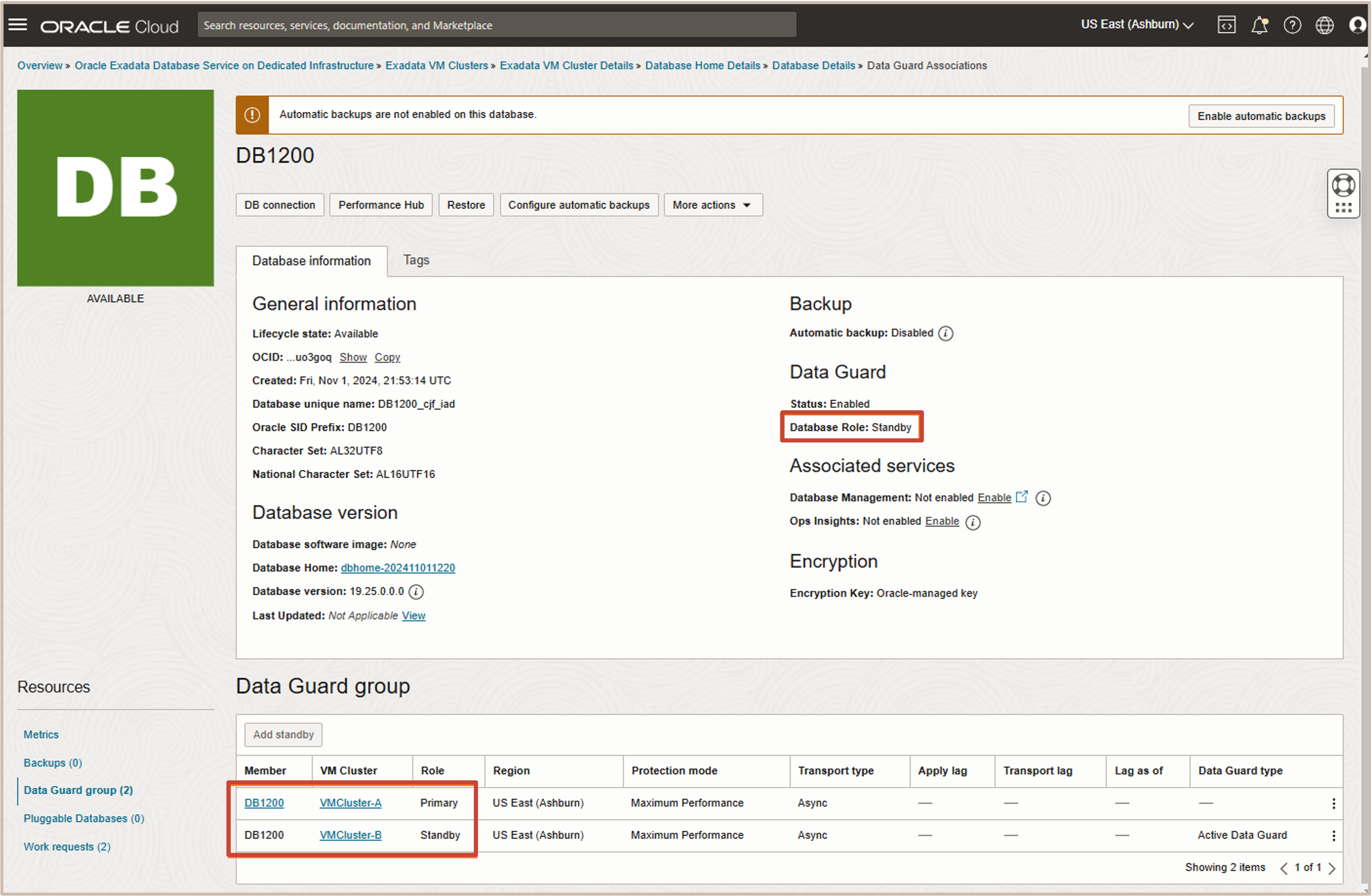 Imagen en la que se muestra información sobre el grupo de Data Guard de la base de datos en espera