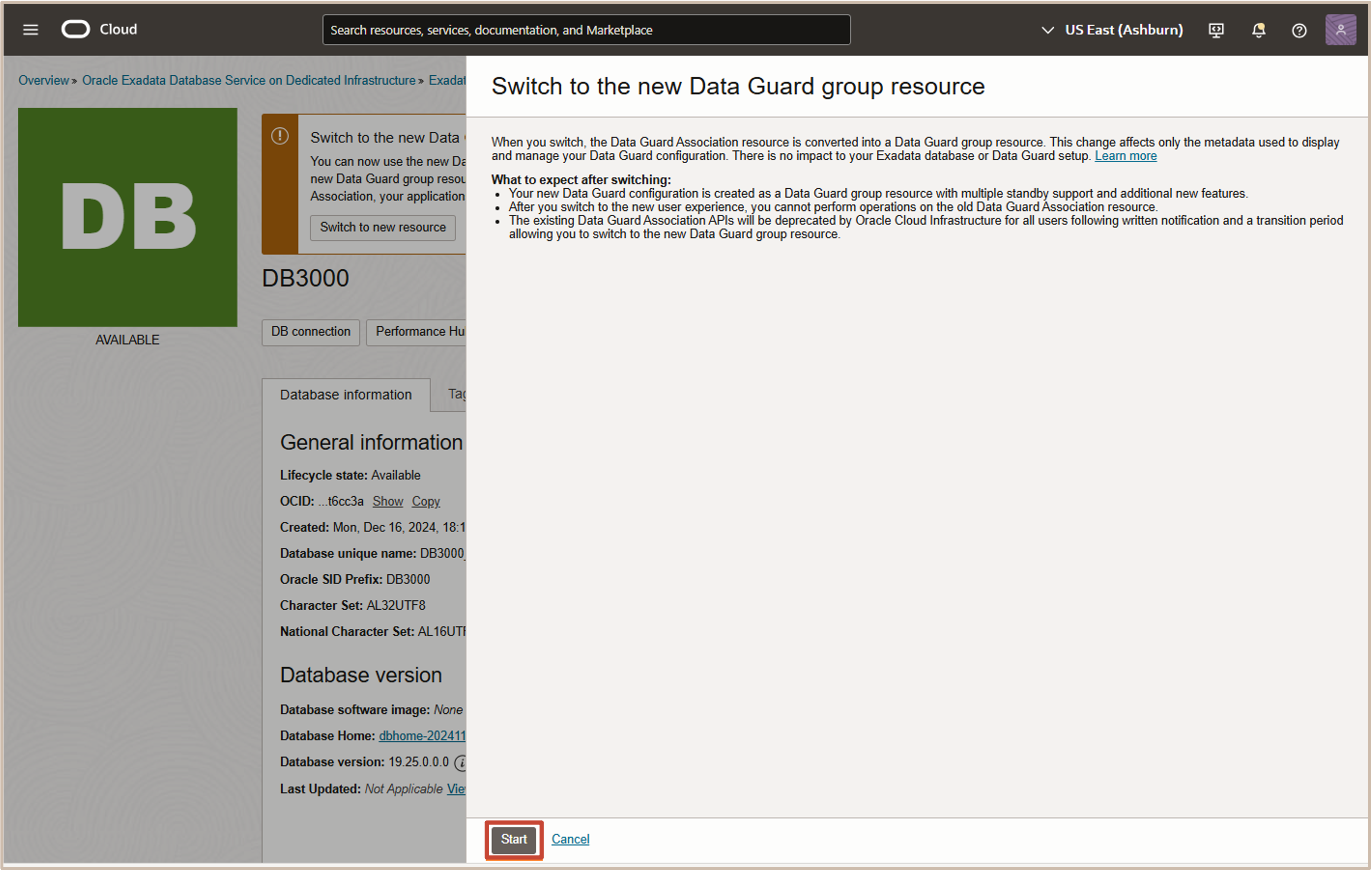 Imagen que muestra el recurso de inicio del nuevo grupo de Data Guard