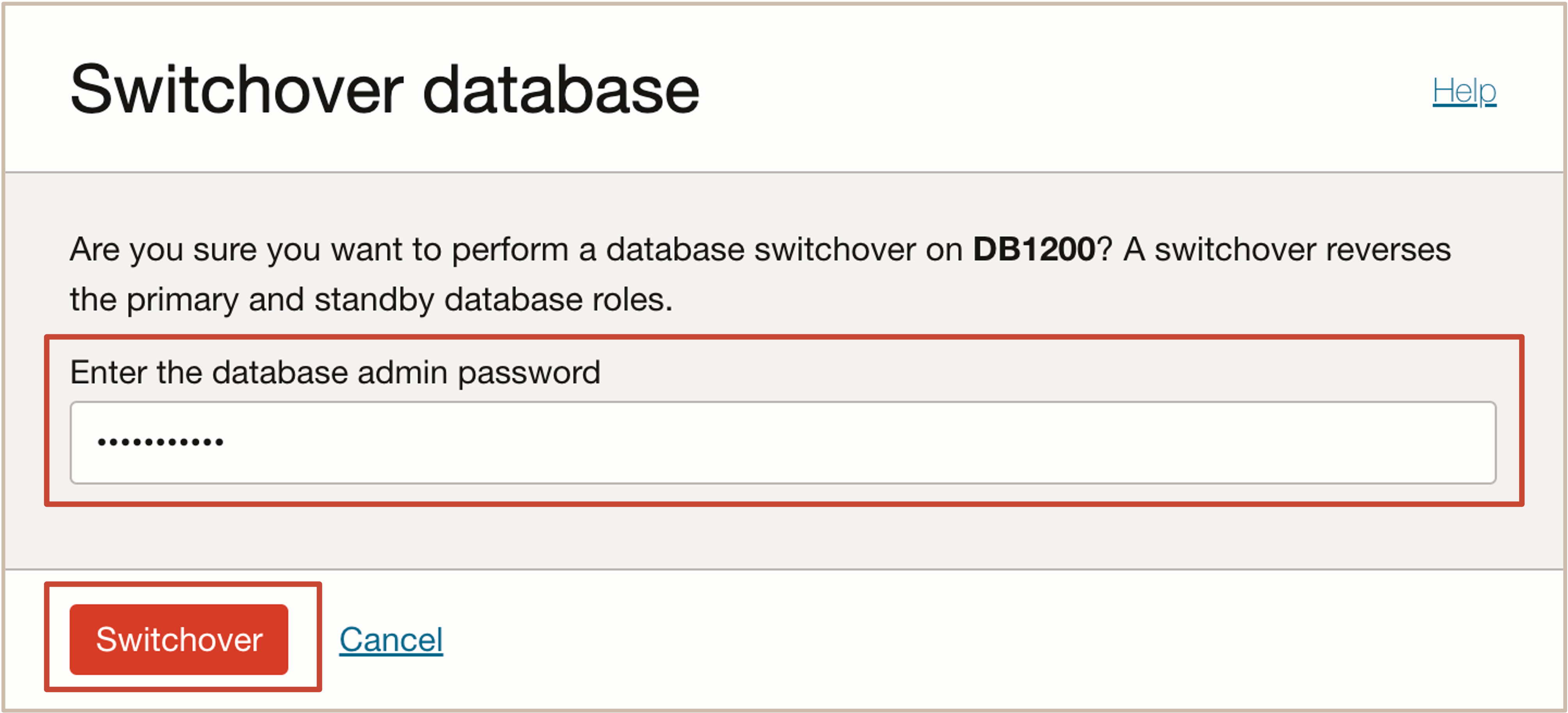 Imagen en la que se muestra la contraseña de administrador de base de datos de switchover