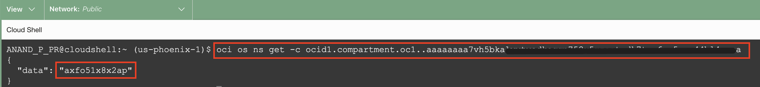 Imagen en la que se muestra cómo obtener los detalles del espacio de nombres en una consola de OCI.