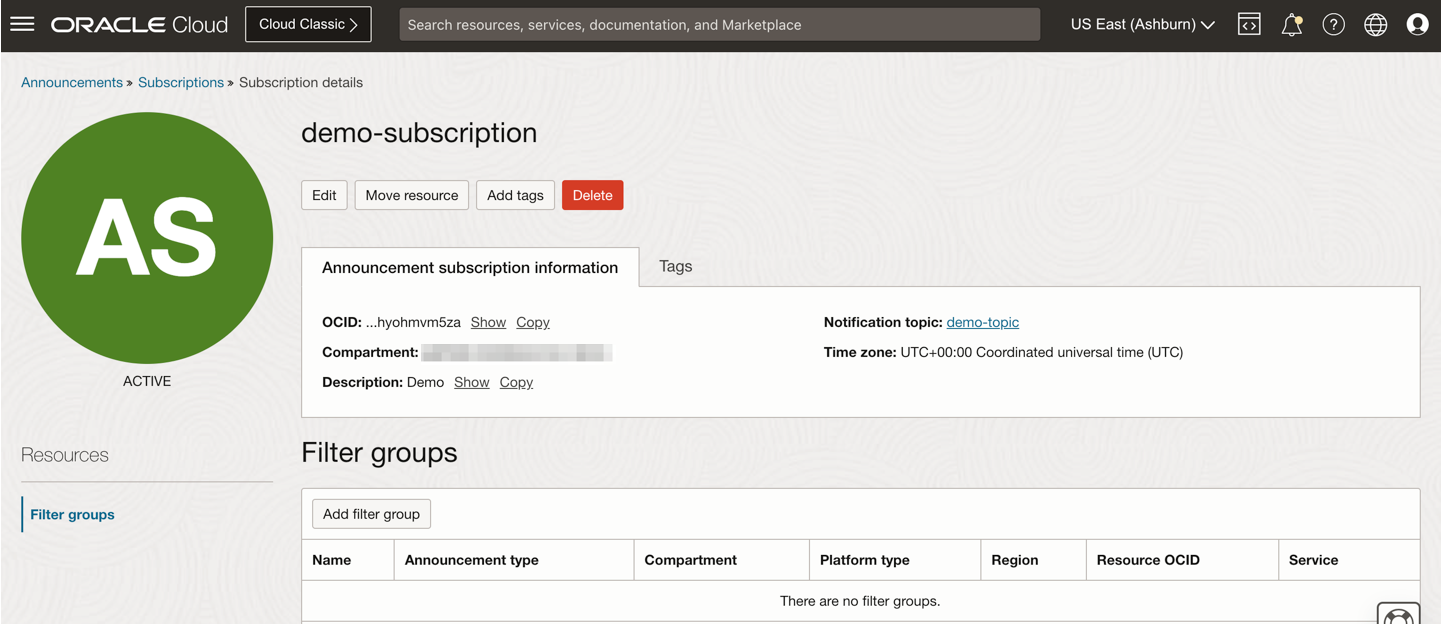 Suscripción a notificación de anuncios de OCI