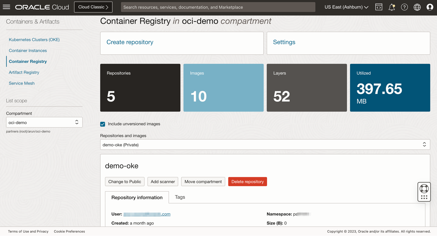 Repositorio de Container Registry creado