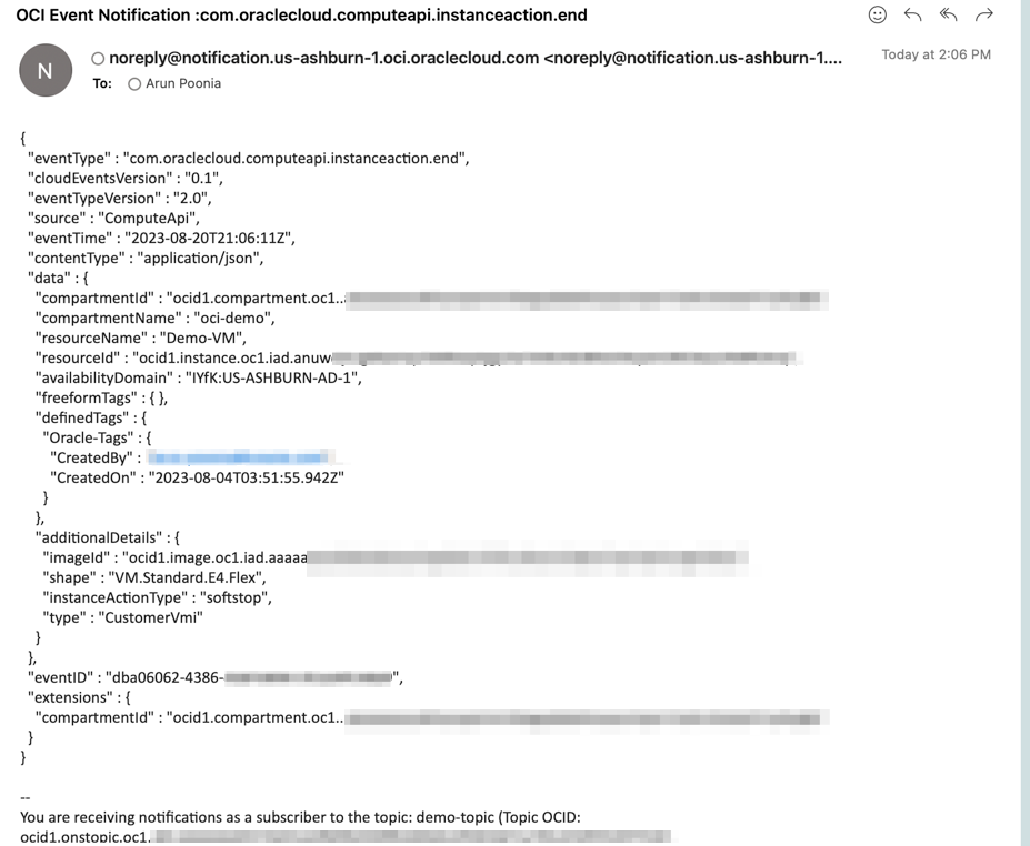 Correo electrónico de tema de notificación de OCI