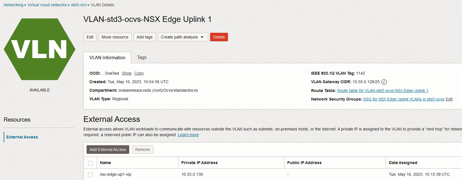 Oracle Cloud VMware Solution SDDC NSX Edge Uplink 1 VIP RackWare RMM - BYOL