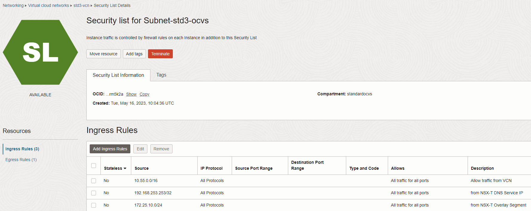 Comunicación activada en la lista de seguridad de subred de provisión de Oracle Cloud VMware Solution Plantilla para vCenter