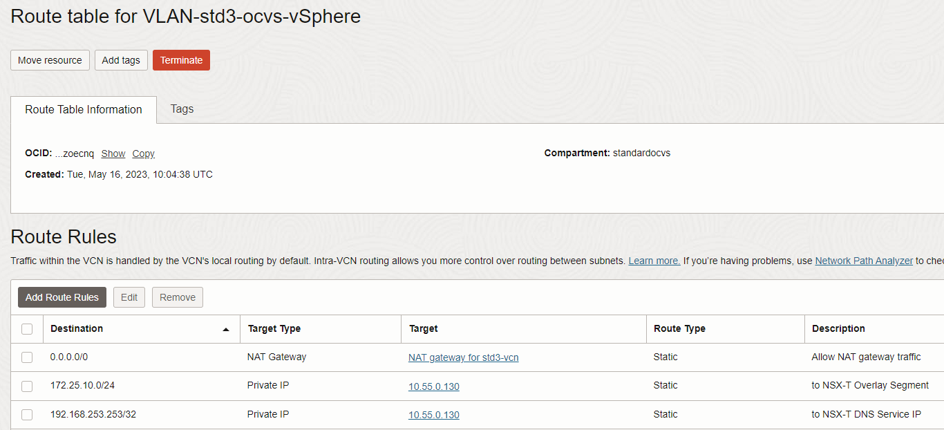 Active la comunicación en la tabla de rutas de vLAN de SDDC vSphere RackWare RMM - BYOL