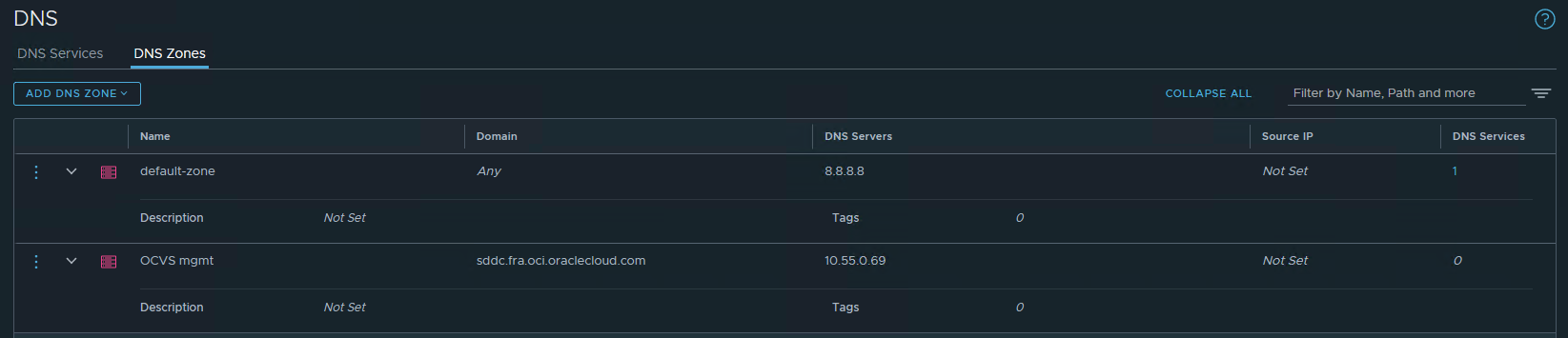 Zona de DNS de gestión de SDDC de Oracle Cloud VMware Solution Política de DR