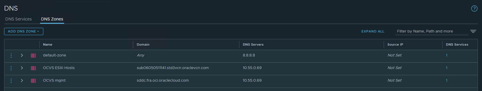 Crear zona de DNS de Oracle Cloud VMware Solution ESXi Política de DR