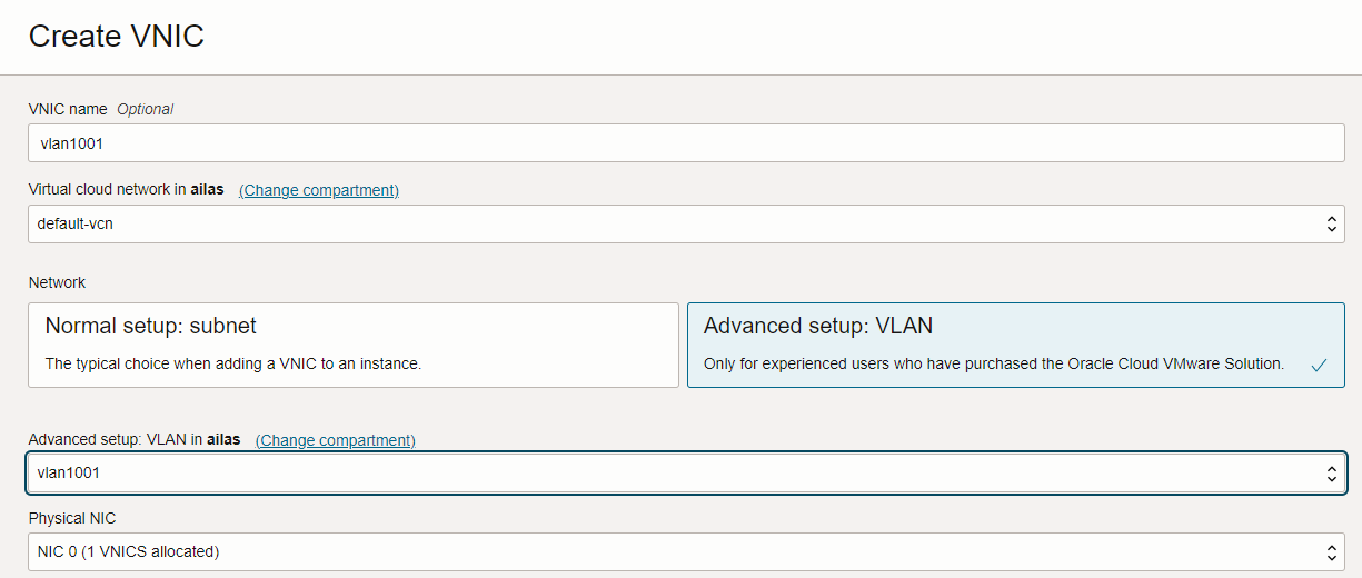 BM VNIC VLAN 1001