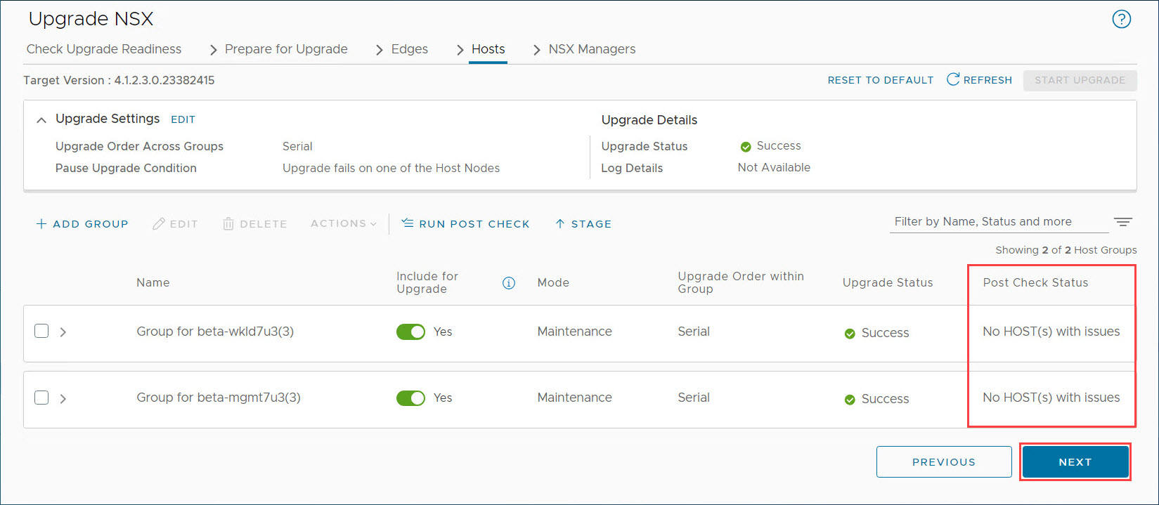Actualización de hosts NSX finalizada