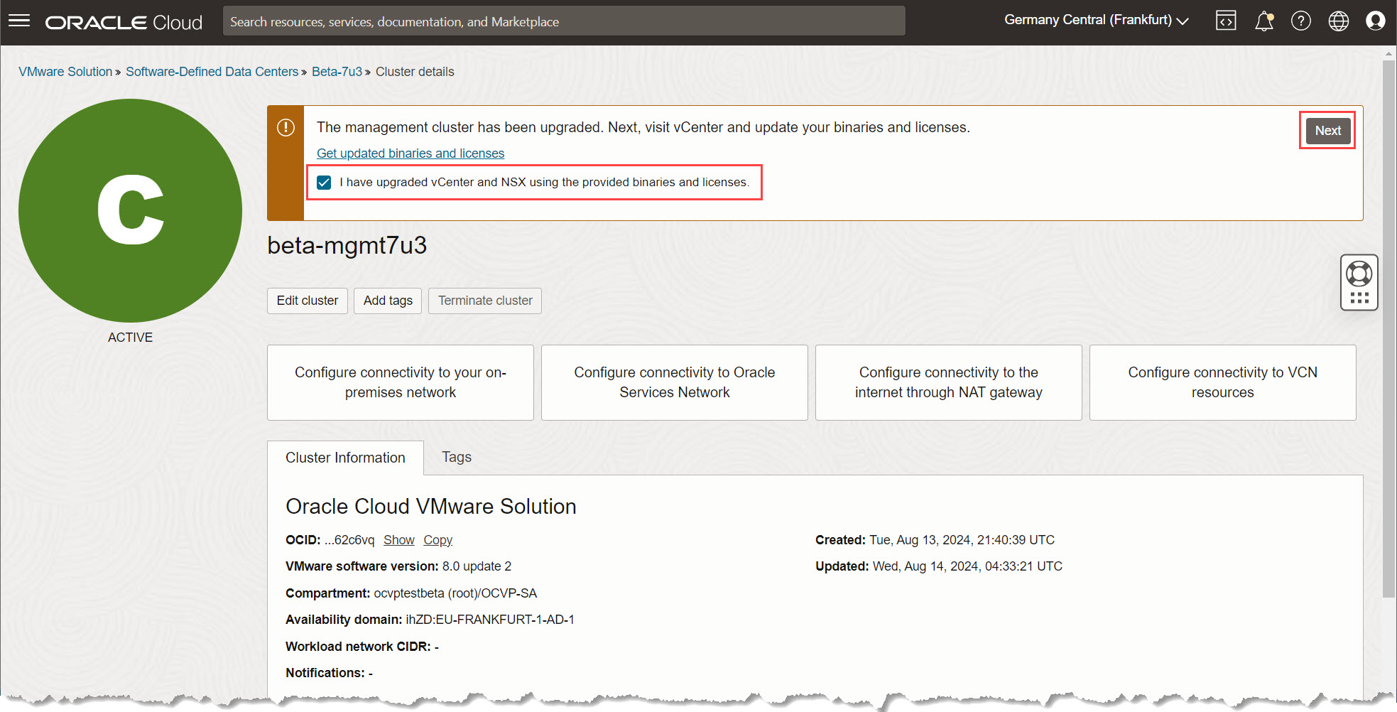 Confirme que se han actualizado los componentes de gestión VMware