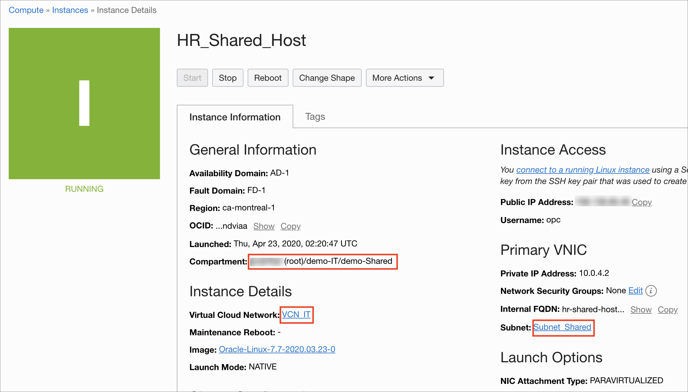 El usuario de RR. HH. creó una instancia en el compartimento compartido