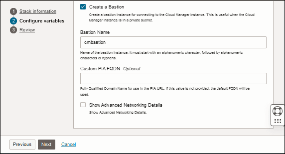 configuration des variables, option de création d'un hôte bastion, page