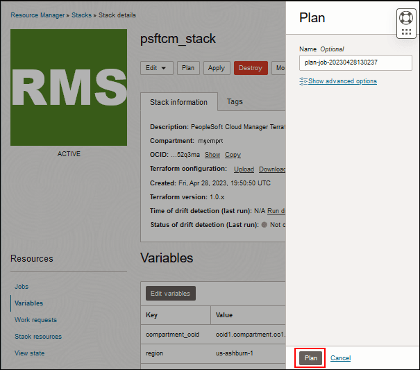 Détails de la pile du gestionnaire de ressources avec le menu Terraform