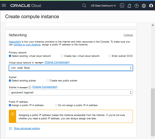 Page Créer une instance de calcul, section Réseau