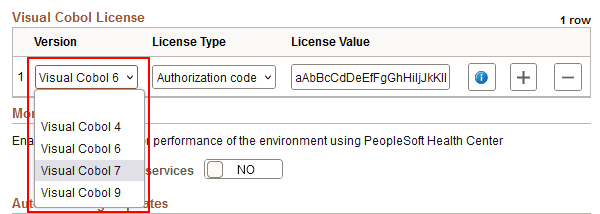 Paramètres Cloud Manager, section licence Cobol