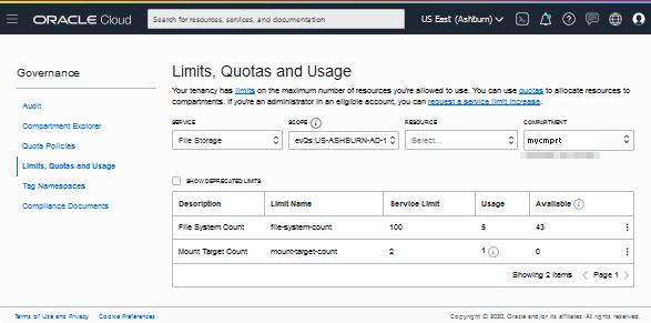 Page Limites, quotas et utilisation affichant les ressources du service de stockage de fichiers