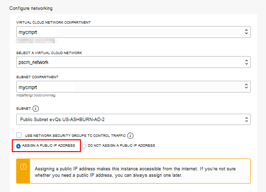 Page Créer une instance de calcul, sélectionnez VCN
