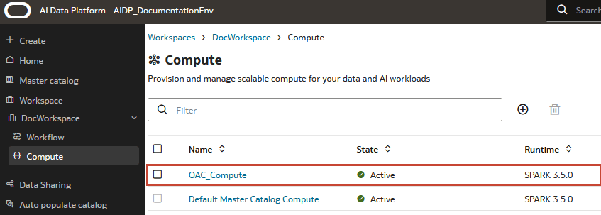Page de calcul ouverte avec Cluster_High compute mise en surbrillance