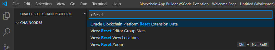 Capture d'écran présentant la commande Reset Extension Data dans la palette de commandes.