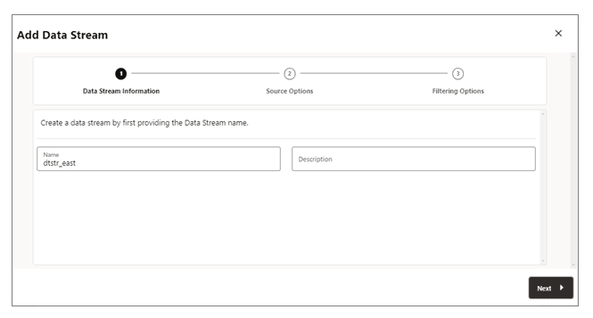 boîte de dialogue Add Data Streams : Page Data Stream Information