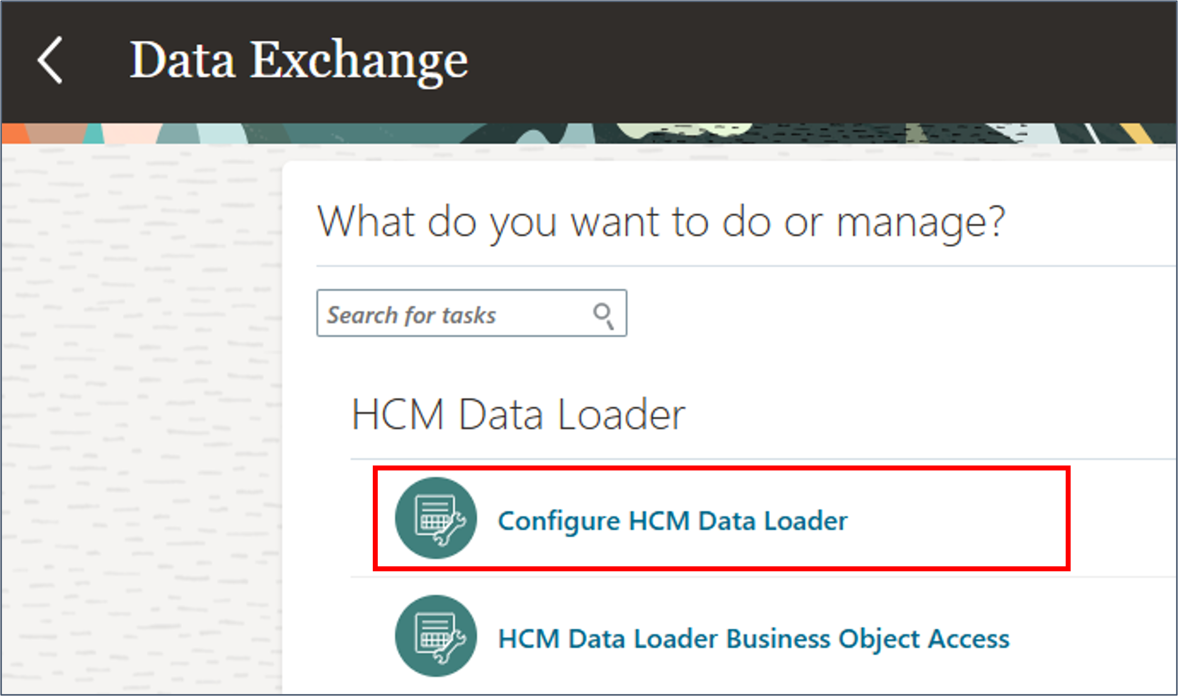 Sélectionnez la tâche Configure HCM Data Loader dans le secteur fonctionnel HCM Data Loader.