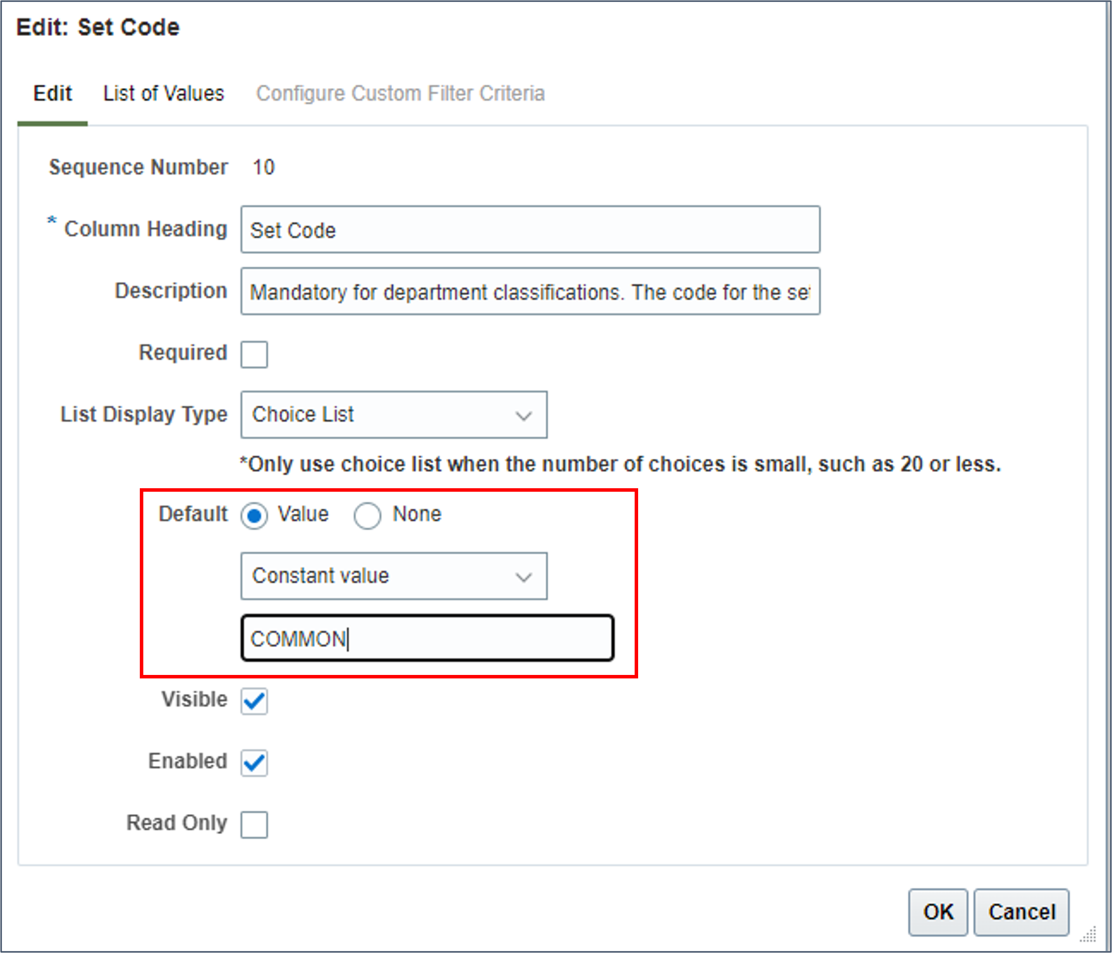 Définir une valeur par défaut pour COMMON
