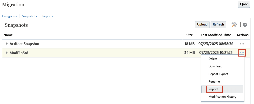 Menu Actions pour l'instantané importé