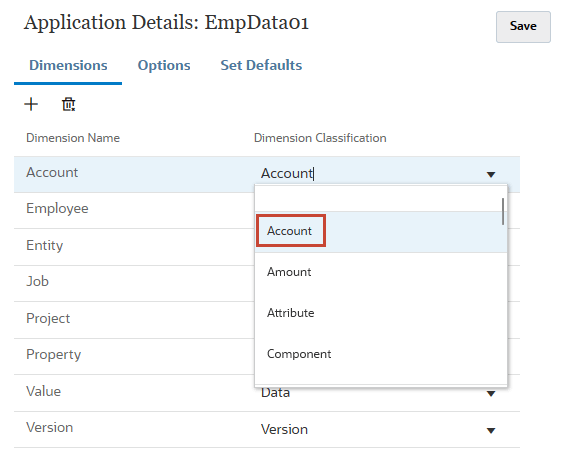 Sélectionnez la classe de dimension Account.