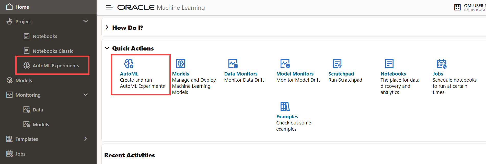 Option AutoML dans la page d'accueil et le menu de navigation de gauche