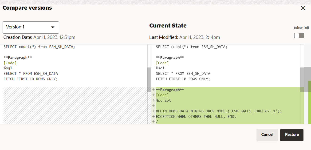 Comparer les versions de carnet