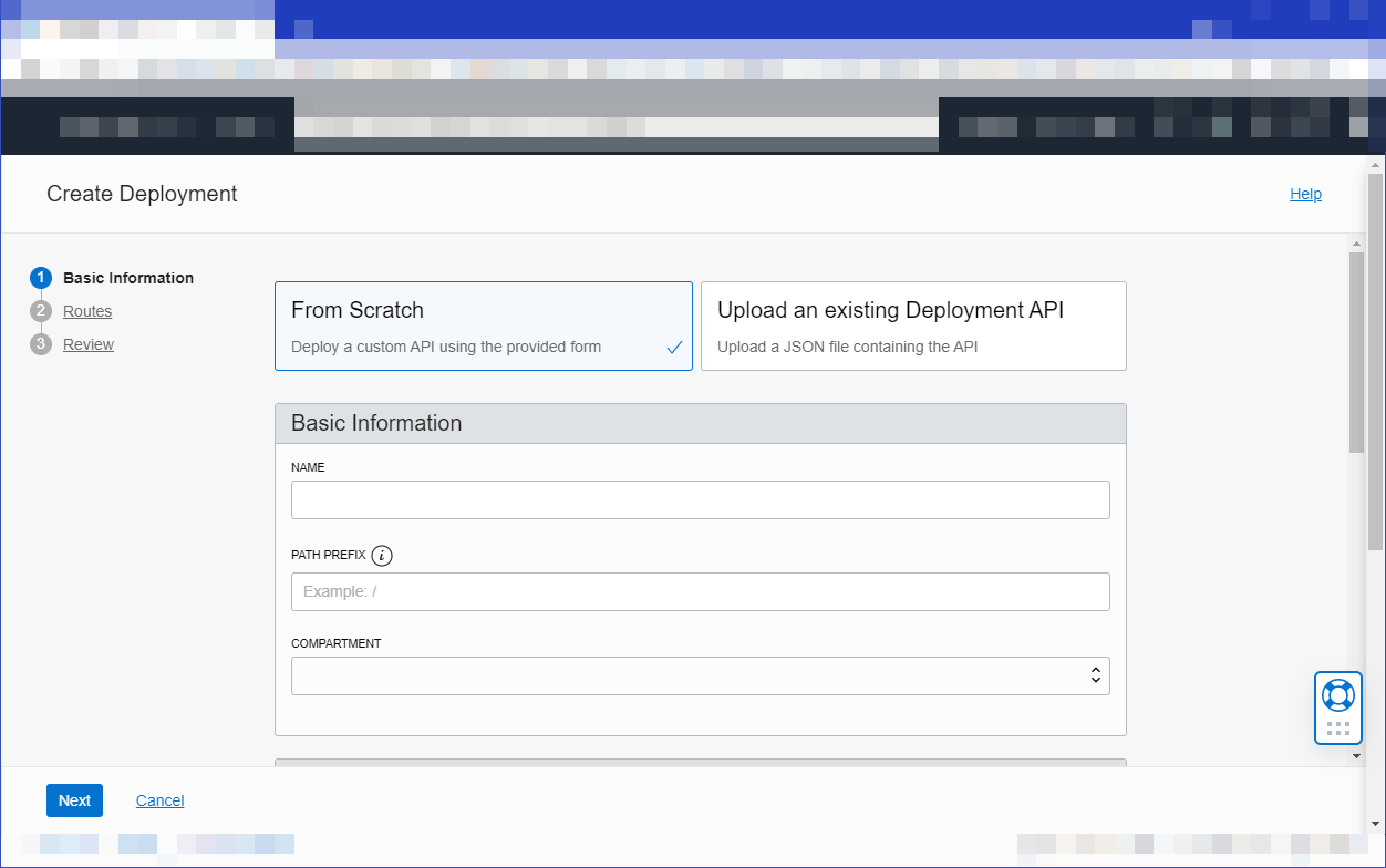 Cliquer pour développer Cette image présente la page Informations de base du flux de travail Créer un déploiement, avec l'option À partir de zéro sélectionnée. Les autres champs sont vides par défaut.