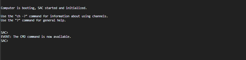 Exemple de console série affichant "SAC&gt;"