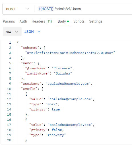 Onglet Corps avec code JSON