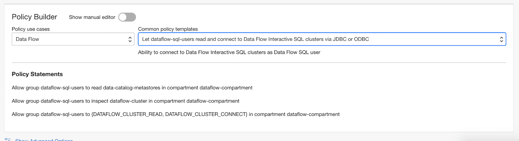 La politique Permettre aux utilisateurs de SQL du service de flux de données de lire et de se connecter aux grappes de SQL interactif au moyen de JDBC ou d'ODBC est sélectionnée et les énoncés de politique associés sont affichés.