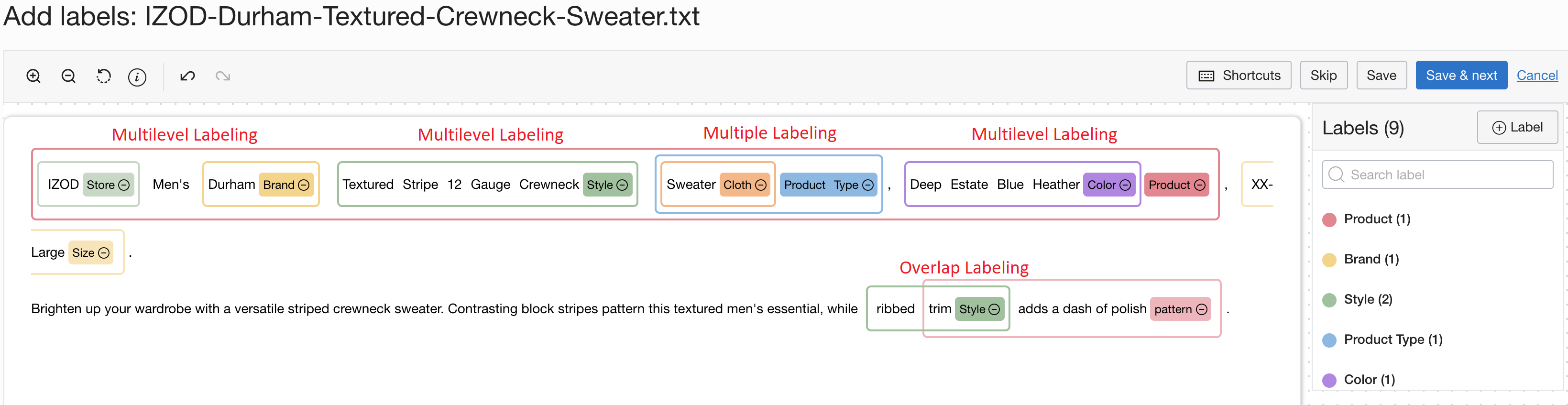 Exemple de texte qui a été annoté à l'aide de NER imbriqué. Multilevel et Multiple sont sur la première ligne de texte, Overlap sur la seconde.