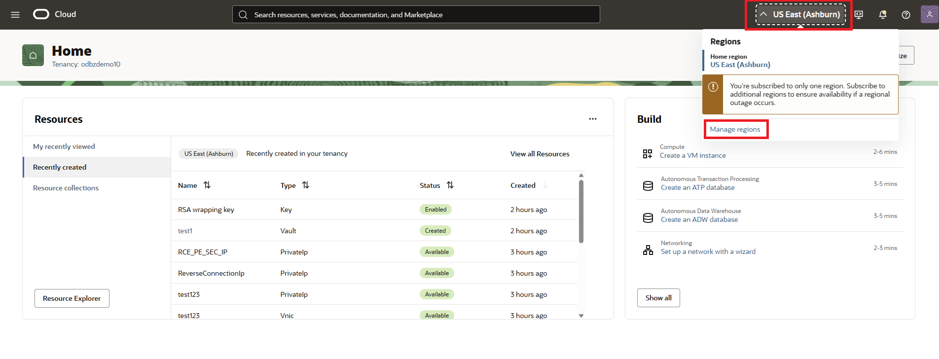 Cliquer pour développer Image du menu des régions de la console OCI