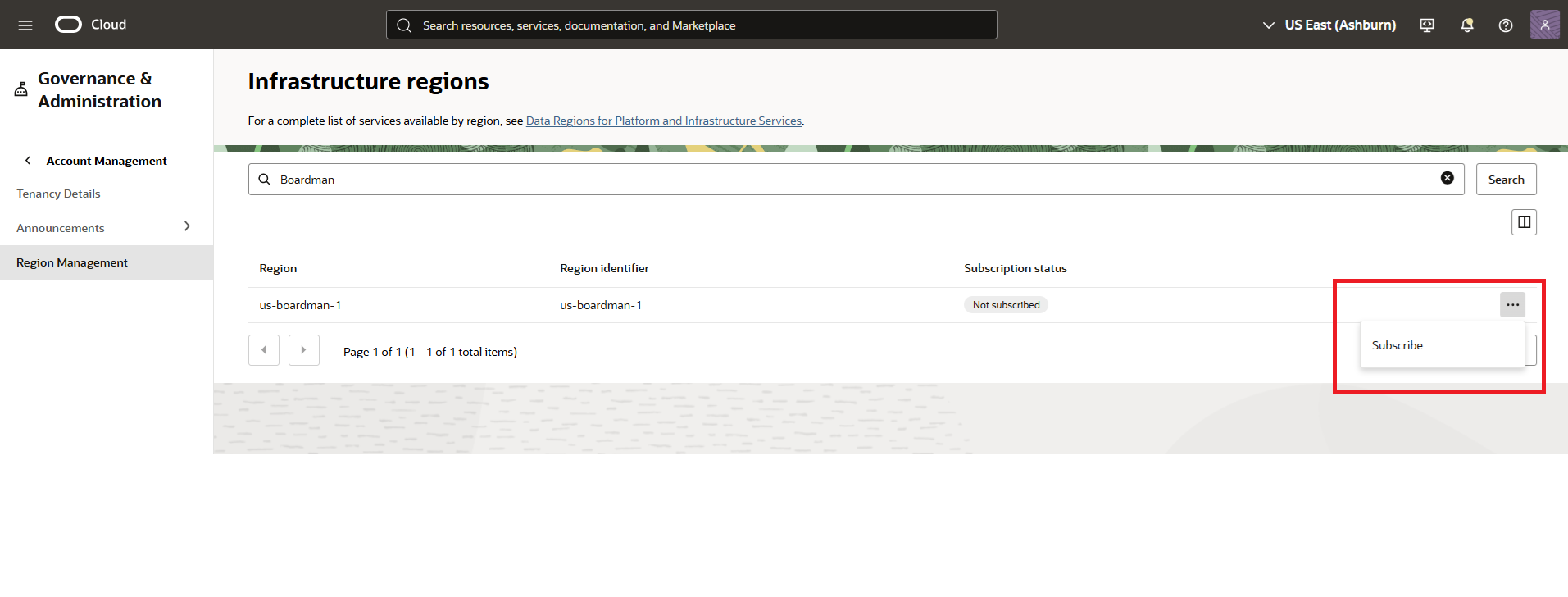 Cliquer pour développer Image d'une recherche de nom de région dans la section Gouvernance et administration de la console OCI.