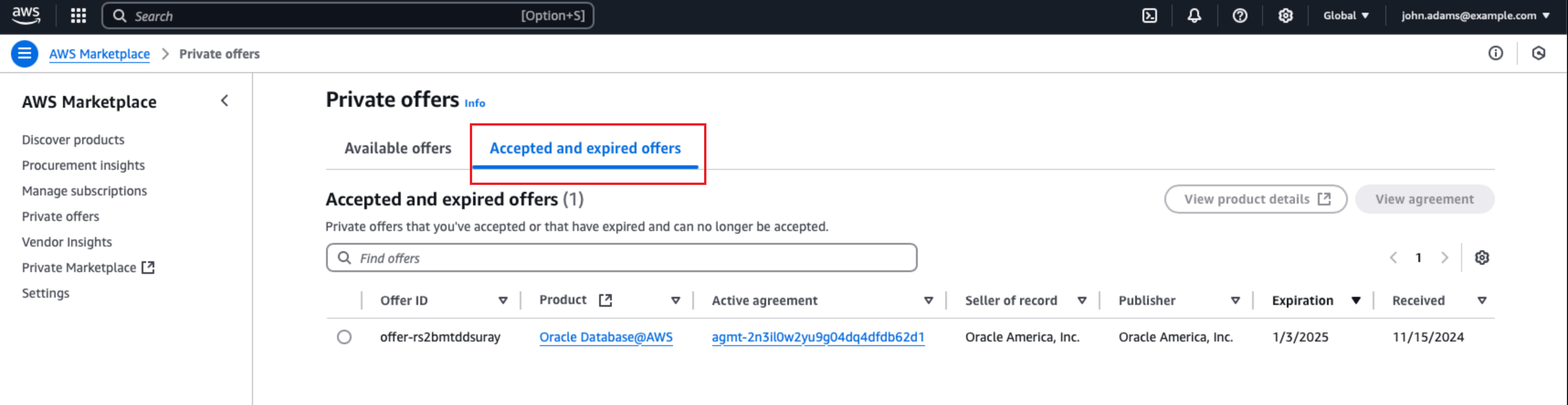 Cliquer pour développer Image des offres acceptées et expirées d'AWS.