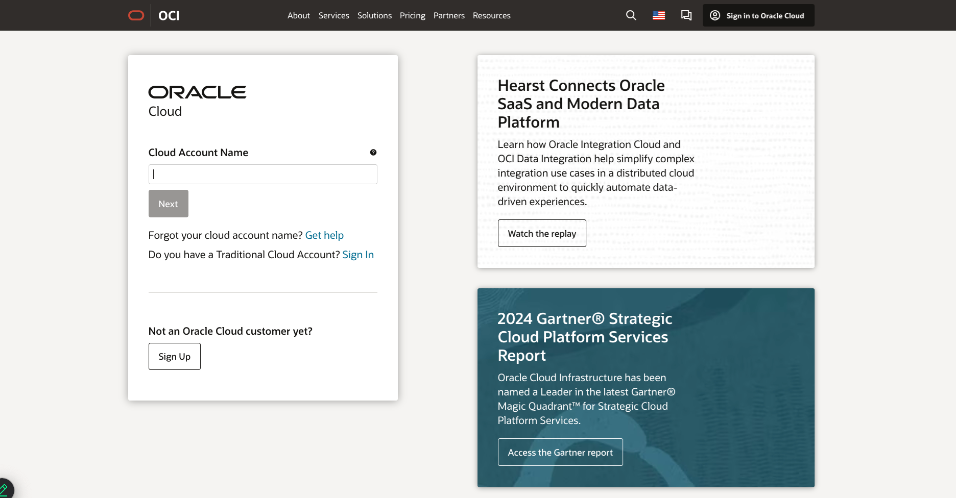 Cliquer pour développer Image de l'écran de connexion au compte OCI.