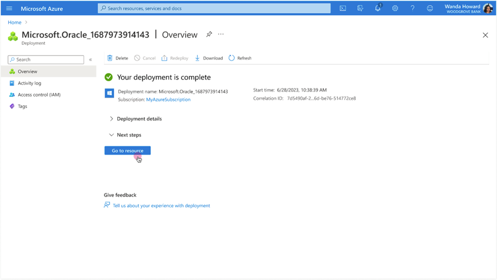 Cliquer pour développer Image du portail Azure affichant la page d'aperçu du déploiement une fois le déploiement terminé.