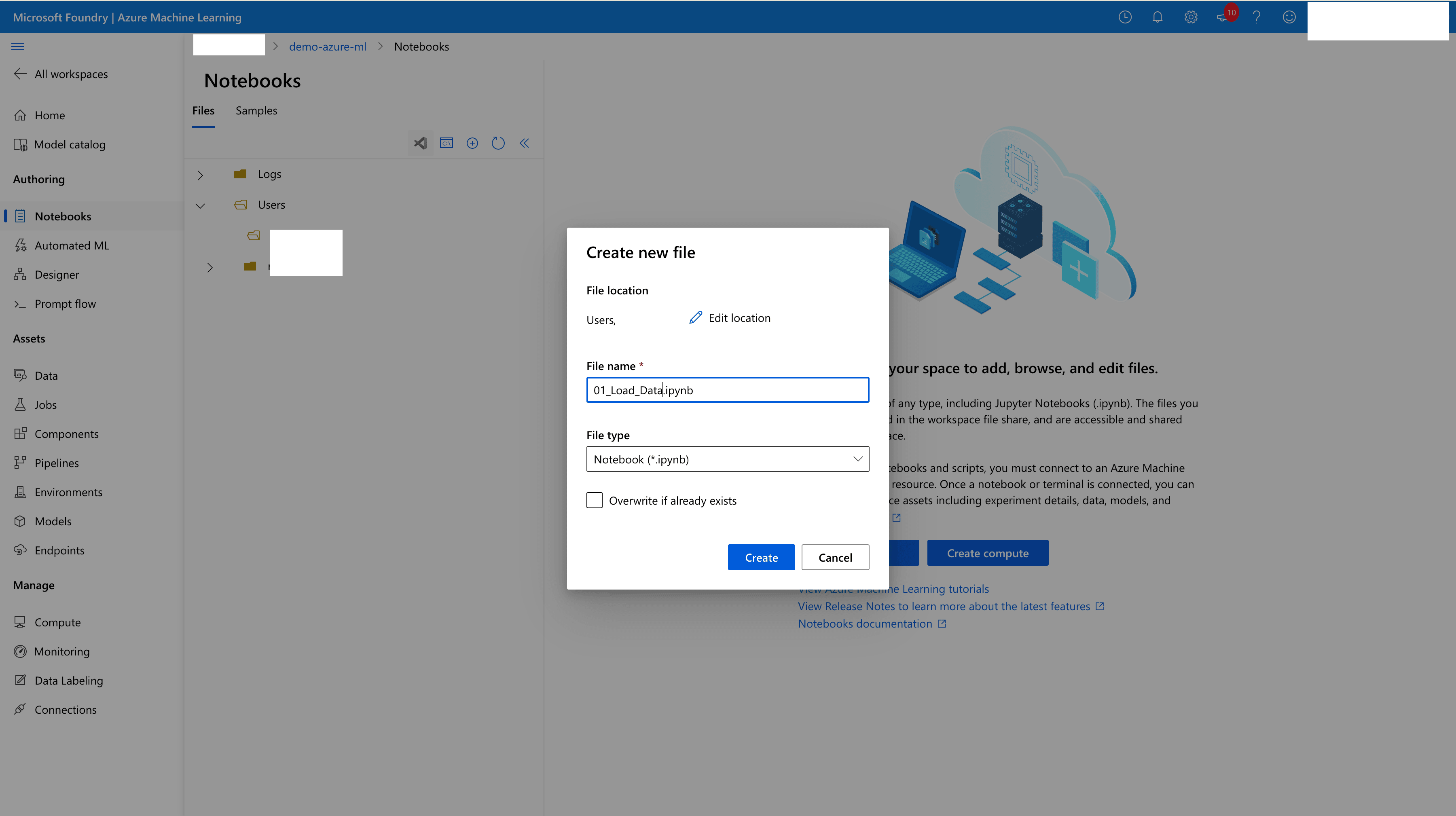 Cette capture d'écran montre comment créer un carnet dans Azure Machine Learning.