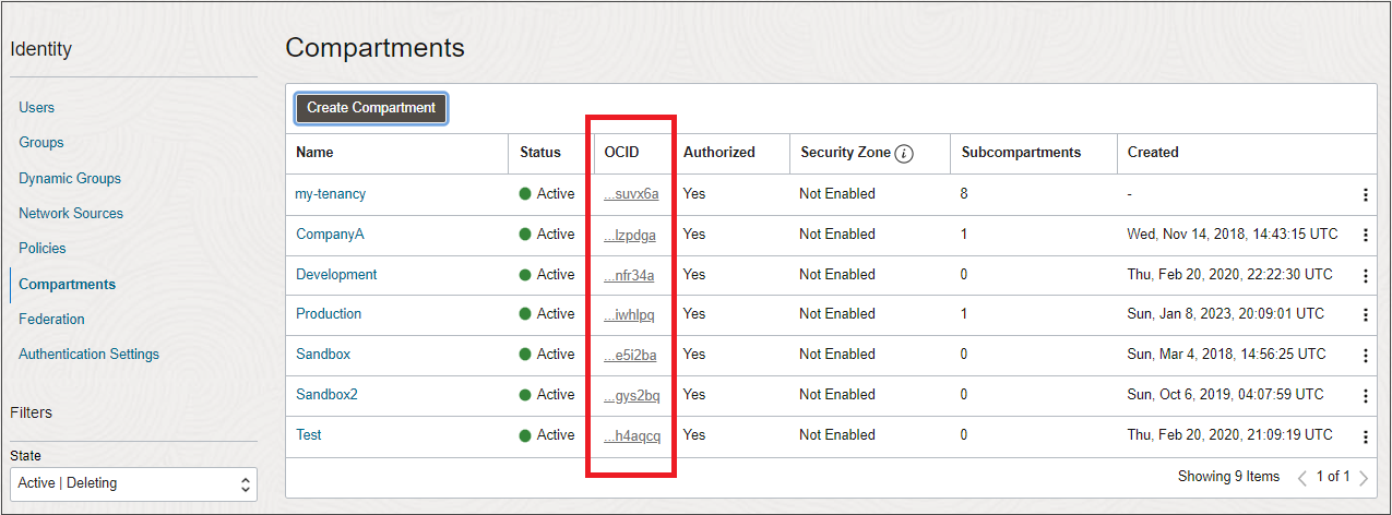 Cliquer pour développer Page Console montrant l'OCID d'un compartiment