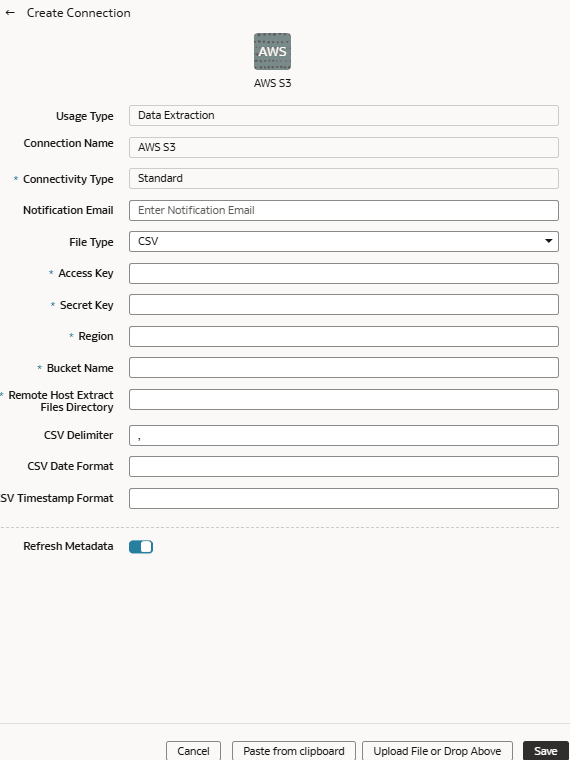 Boîte de dialogue Créer une connexion pour AWS S3