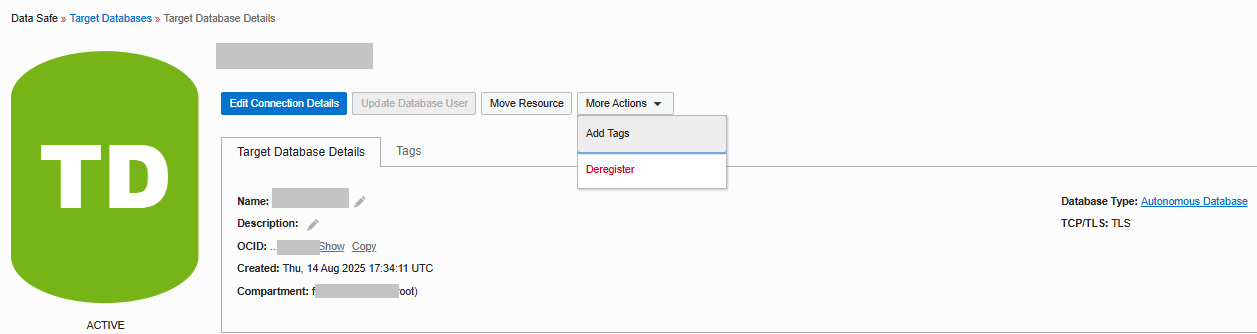 Page Détails du service de sécurité des données affichant l'option Annuler l'enregistrement