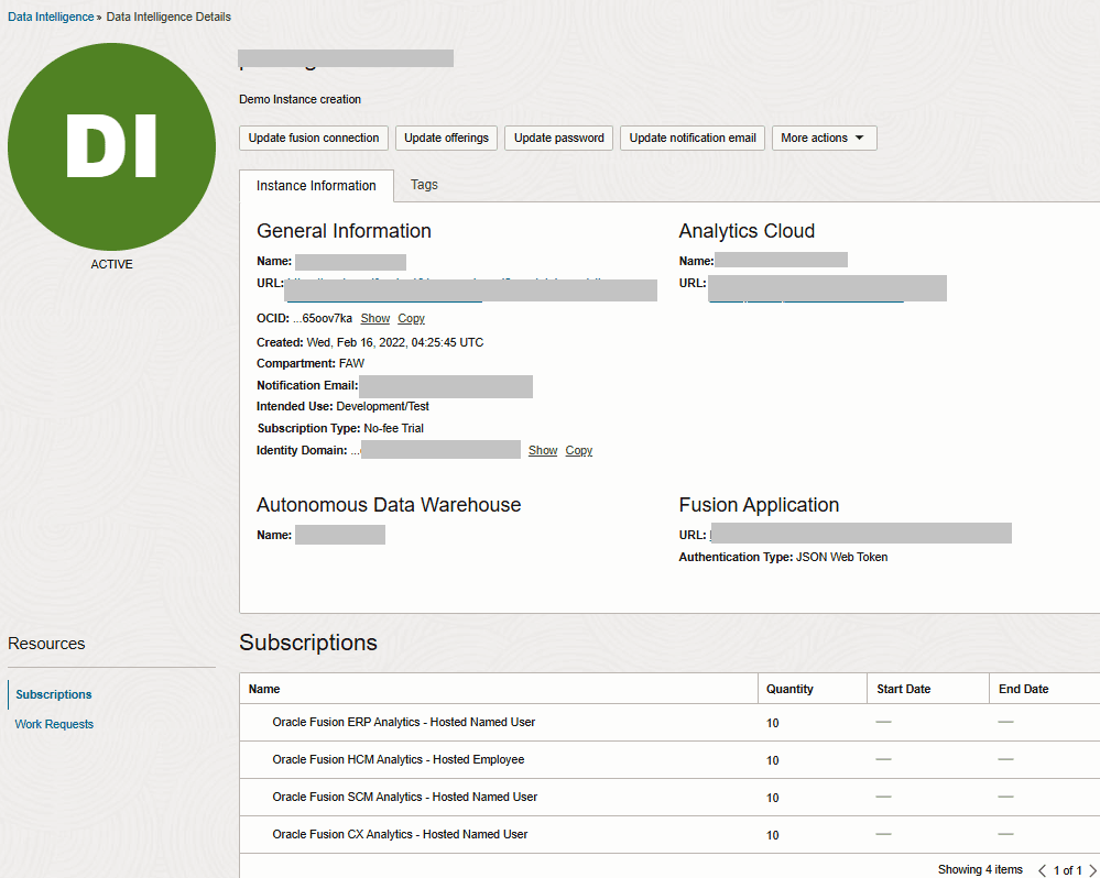 Instance publique d'Oracle Fusion Data Intelligence