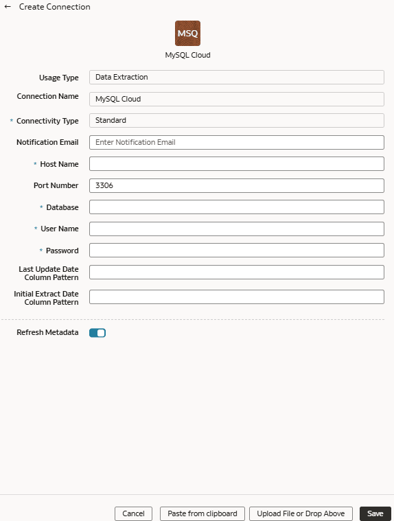 Boîte de dialogue Créer une connexion pour la base de données MySQL Cloud