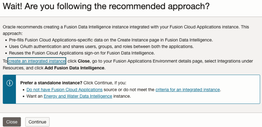 Boîte de dialogue affichant l'approche recommandée pour créer l'instance
