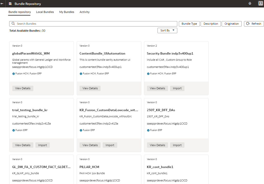 Ensembles partagés visibles dans la page Bundle Repository