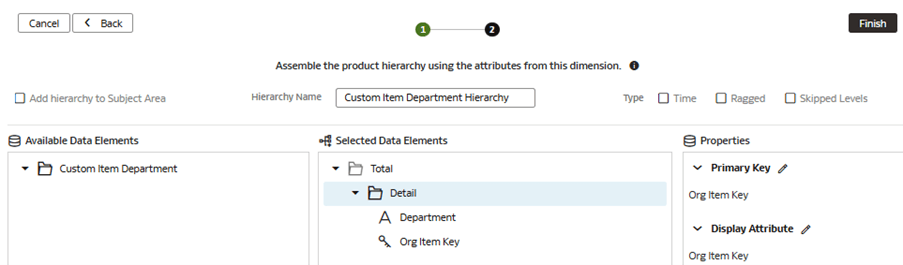 Page Ajouter une dimension affichant l'étape 2 de l'assistant Page Ajouter une dimension affichant l'étape 2 de l'assistant